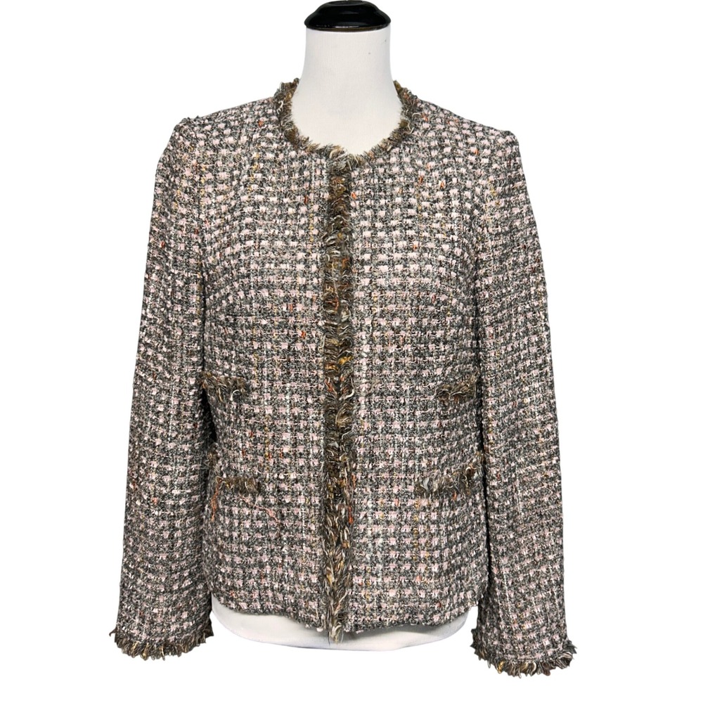 VTG Worldly Things ANI Tweed Jacket Women IT48 US12 Pink Gray Fringed Trim Italy